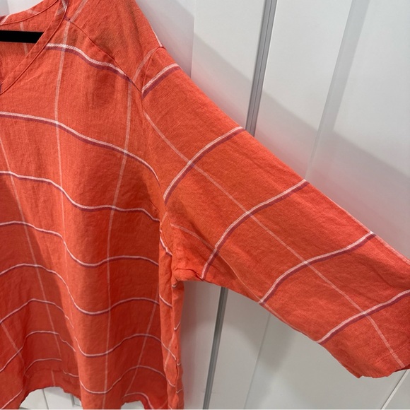 Flax Orange coral Plaid Women's Tunic 100% Linen plus Sz 3G 24/26 3/4 Slv - Picture 2 of 11